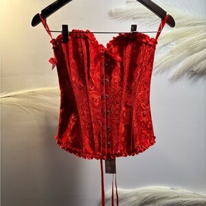 (#84) Red Brocade Lace-Up Corset Top